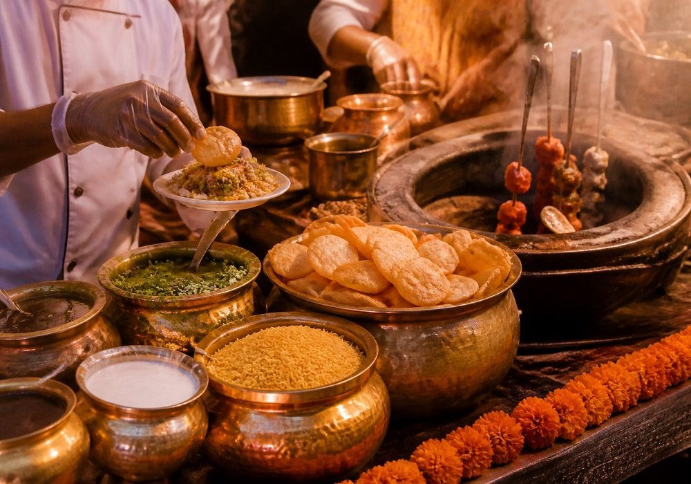 Live chaat and tandoor counter styled with brass bowls and marigold trim