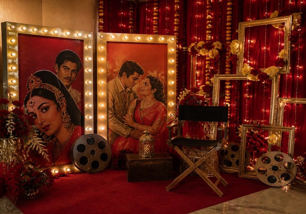 Bollywood theme party stage with maroon velvet drapes, gold arches and marigold garlands